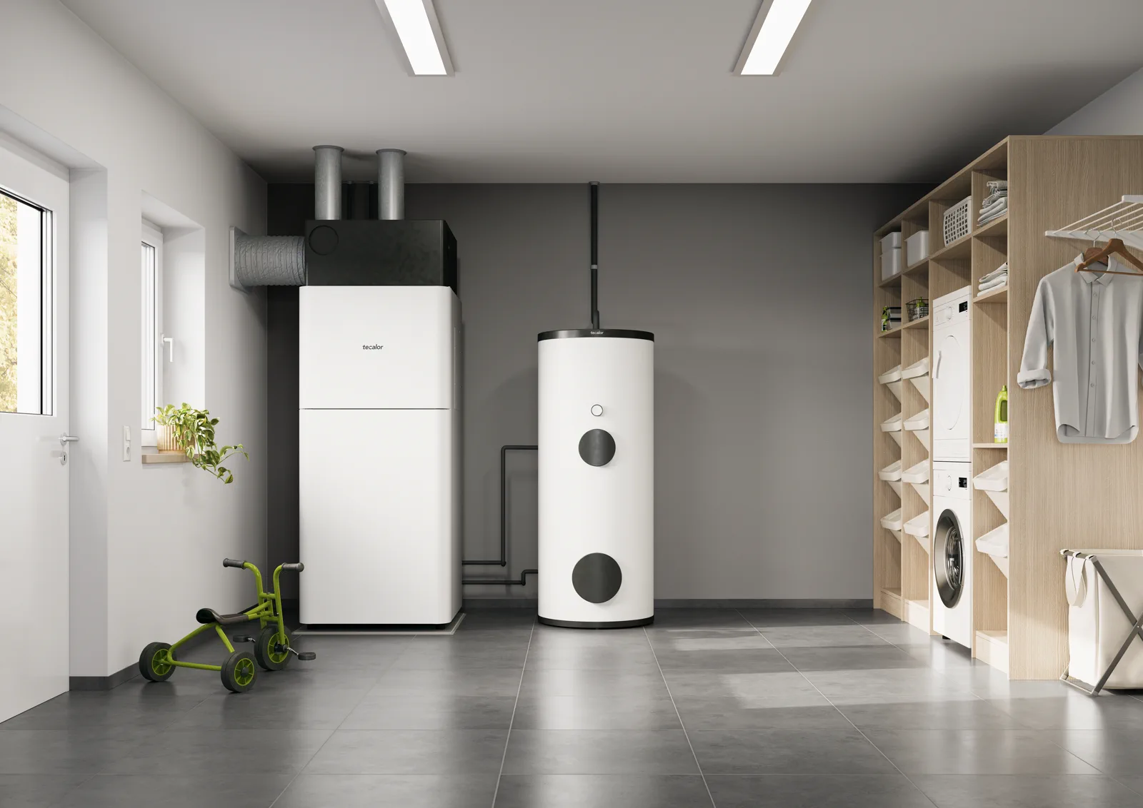 Technikraum mit tecalor Wärmepumpensystem und Speicherlösung