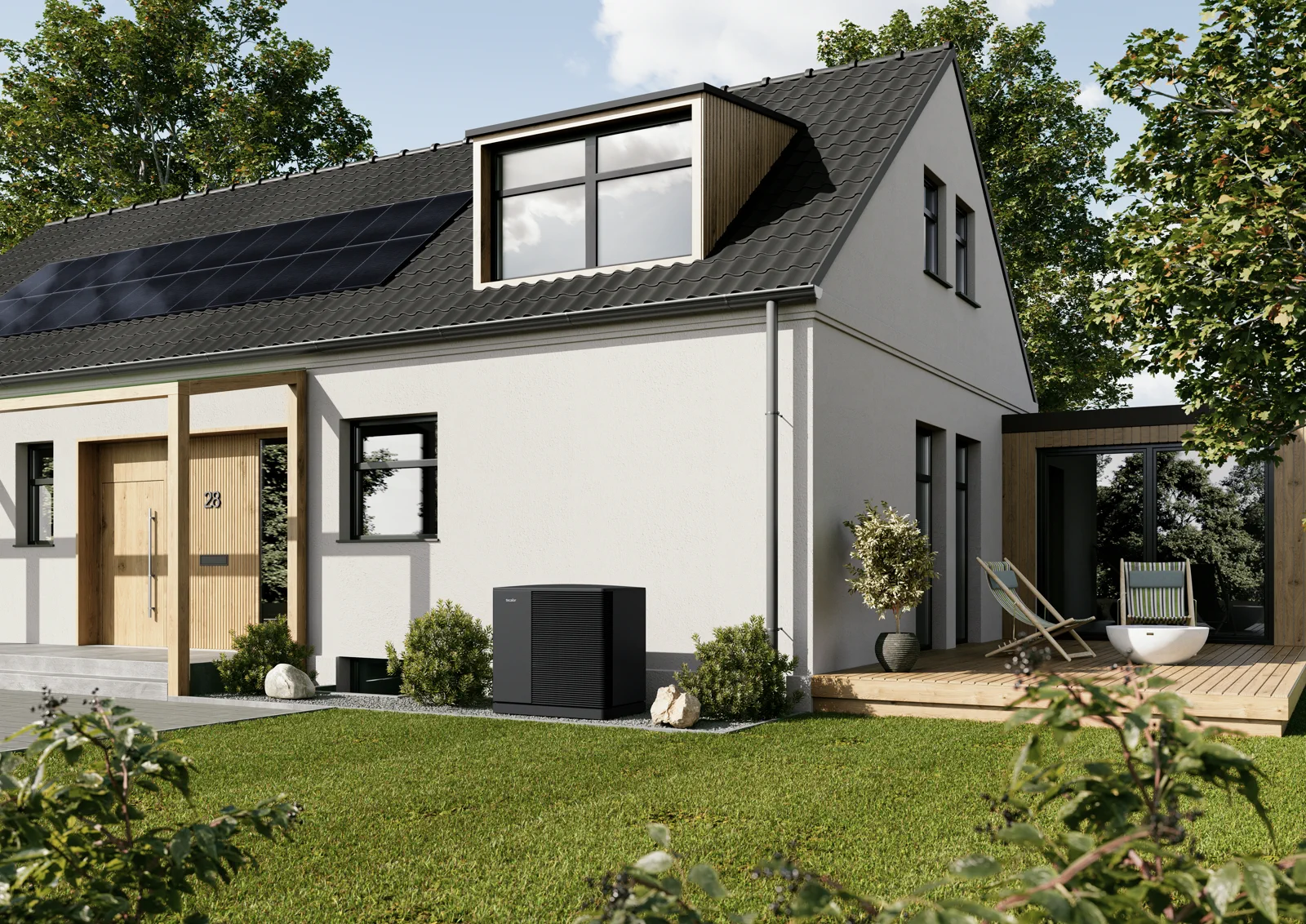 Einfamilienhaus mit tecalor Wärmepumpe an der Gartenseite